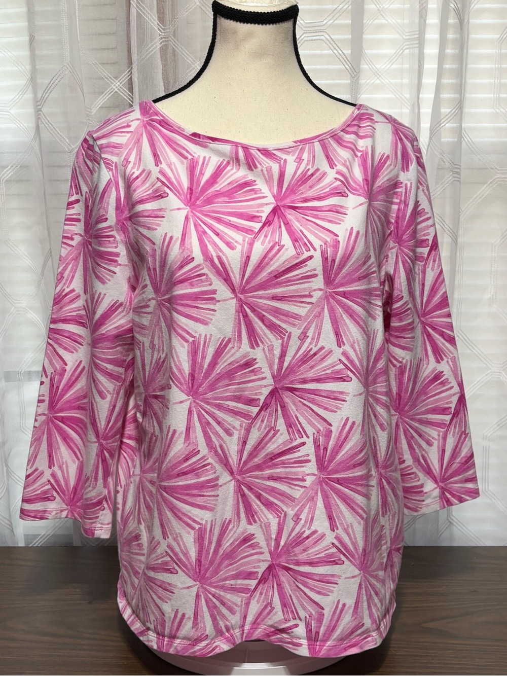 Talbots Pink & White Floral-Print 3/4 L Sleeve Top Round neck 23 p2p 24L